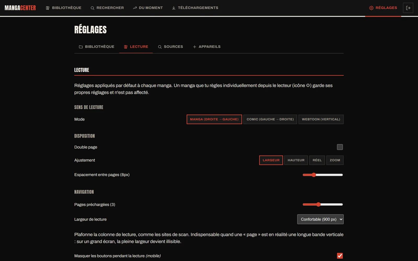 Les réglages de MangaCenter, organisés en onglets.